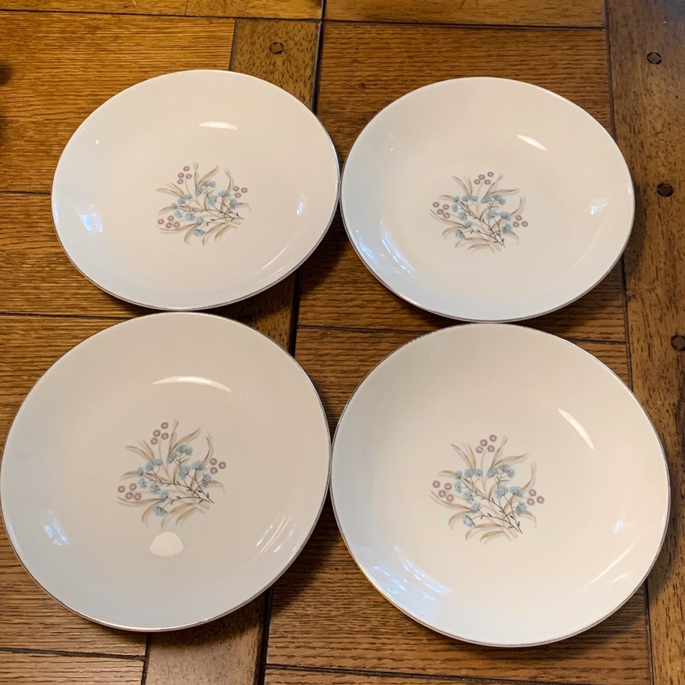 Set of 4 vintage Taylor Smith soup bowls pastsa salad plate Pink & Blue Flowers